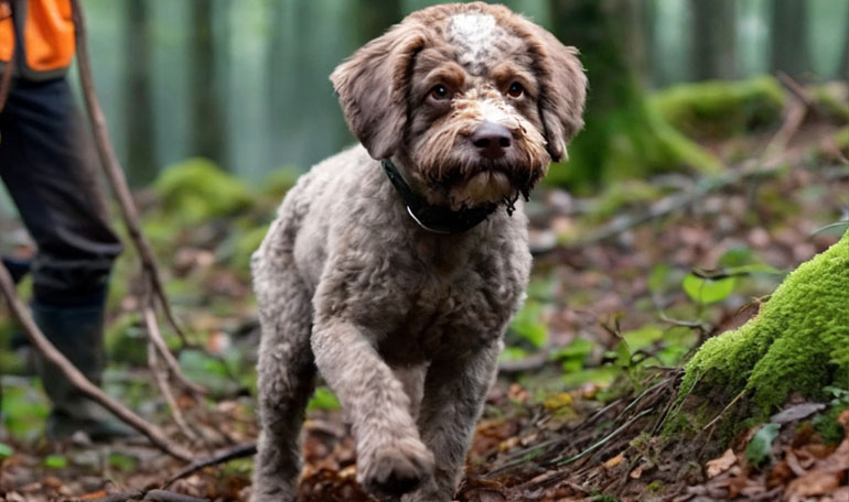 lagotto risale una collina durante l'adestramento alla ricerca del tartufo