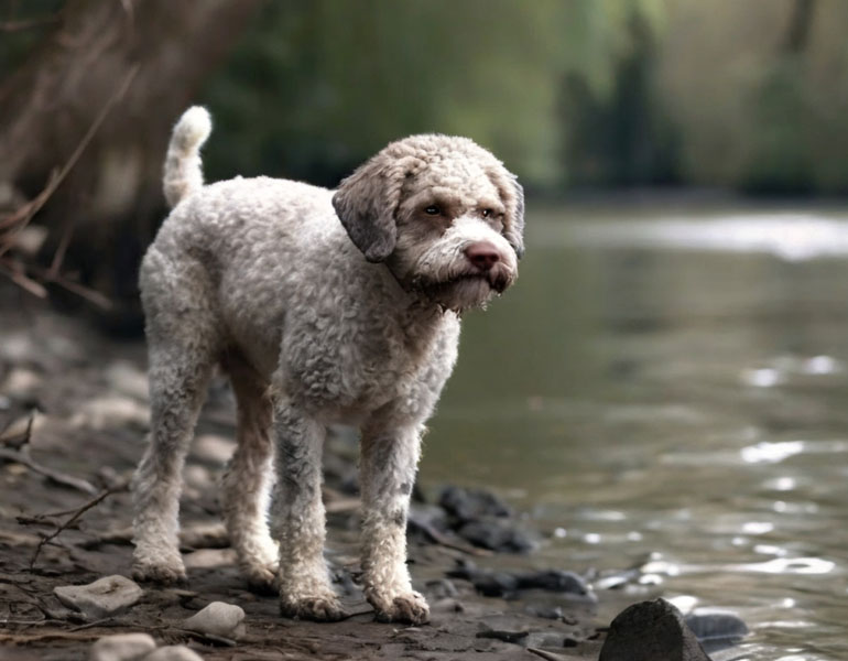 lagotto romagnolo bianco cammina lungo il fiume