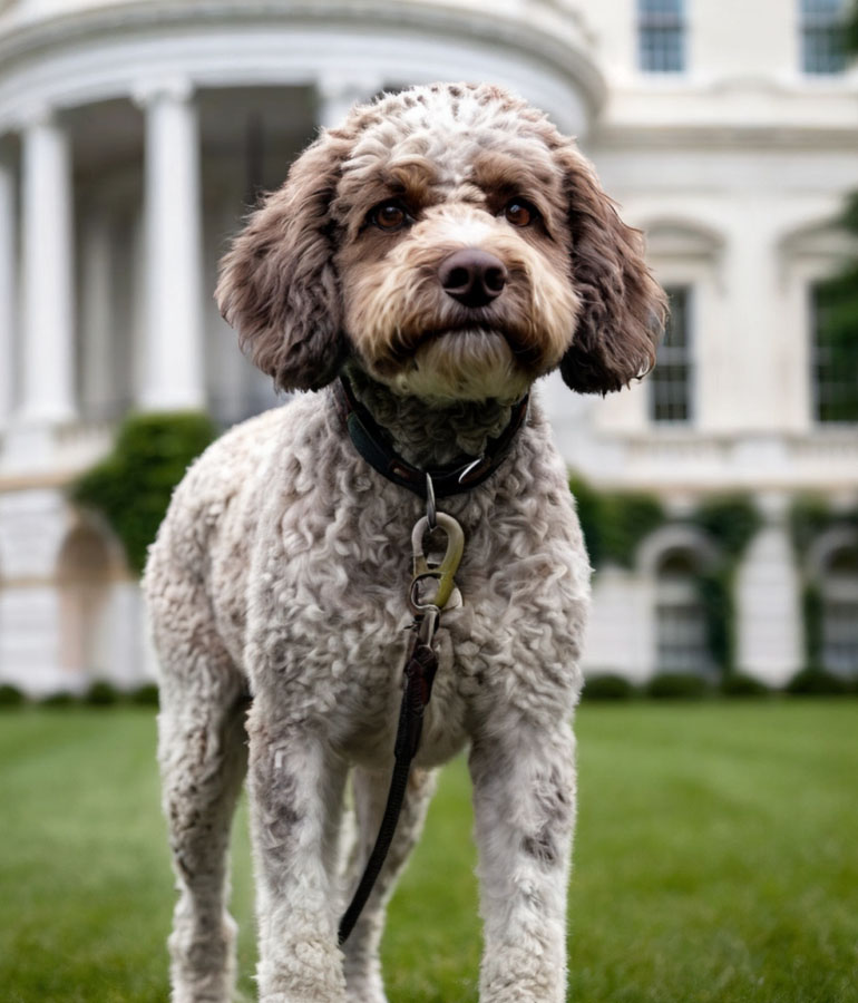 lagotto romagnolo davanti a casa bianca